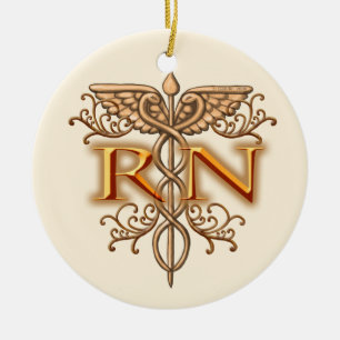 Fancy Copper Caduceus RN Nurse Ceramic Ornament