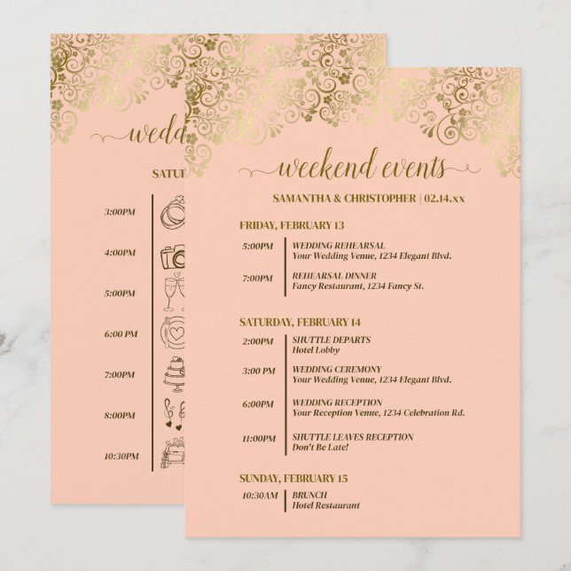 Fancy Coral Peach & Gold Wedding Events & Timeline Program (Front/Back)
