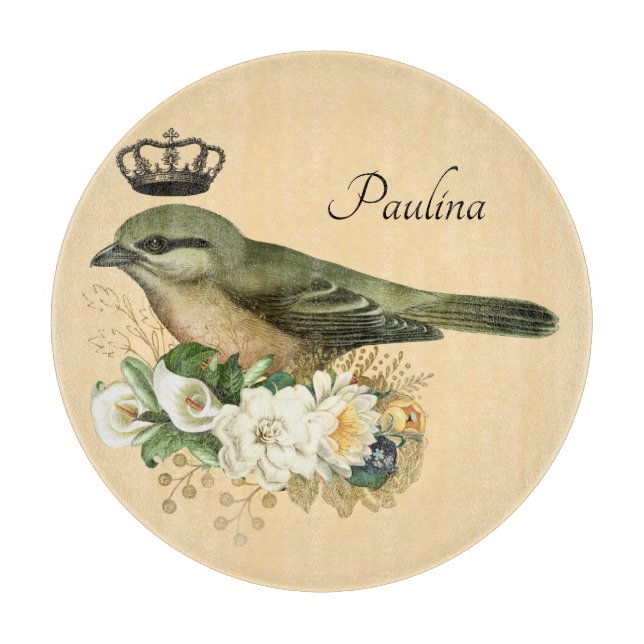 Fancy Crown Bird on Peach Personalized  Cutting Board (Front)