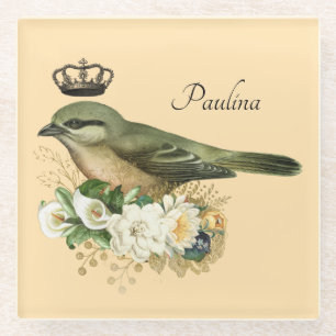 Fancy Crown Bird on Peach Personalized  Glass Coaster