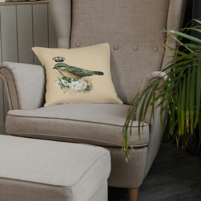 Fancy Crown Bird on Peach  Throw Pillow (Creator Uploaded)