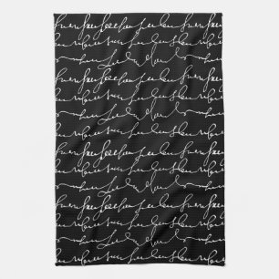 Fancy Cursive Writing, Gibberish, Black & White Kitchen Towel