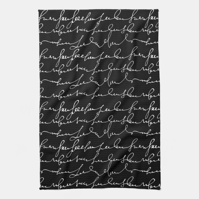Fancy Cursive Writing, Gibberish, Black & White Kitchen Towel (Vertical)