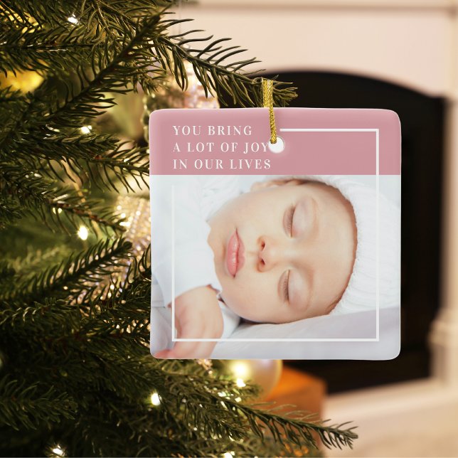 Fancy Cute Baby Photo | Pink & White | Quote  Ceramic Ornament (Creator Uploaded)