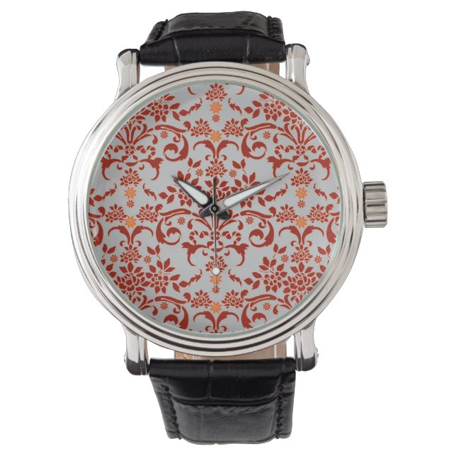 Fancy Damask Design Orange and Silver Watch (Front)
