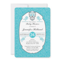 Fancy Damask Skull Baby Shower Invitation in Aqua