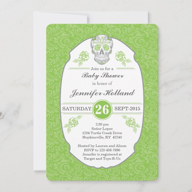 Fancy Damask Skull Baby Shower Invitation in Green (Front)