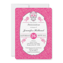 Fancy Damask Skull Pink Quinceañera Invitation