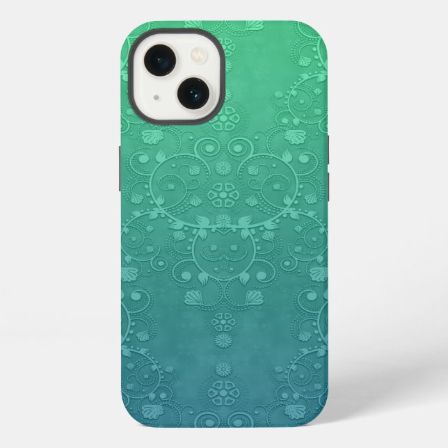 Fancy Deep Aquamarine Floral Damask Pattern iPhone Case (Back)