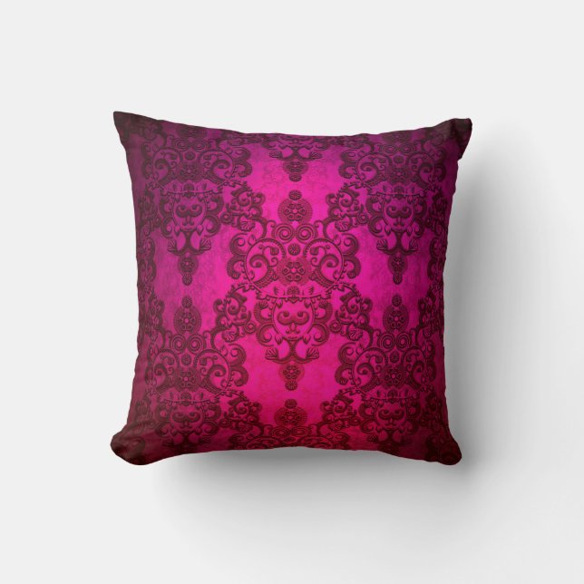Fancy Deep Glowing Pink Damask Pattern Throw Pillow (Front)