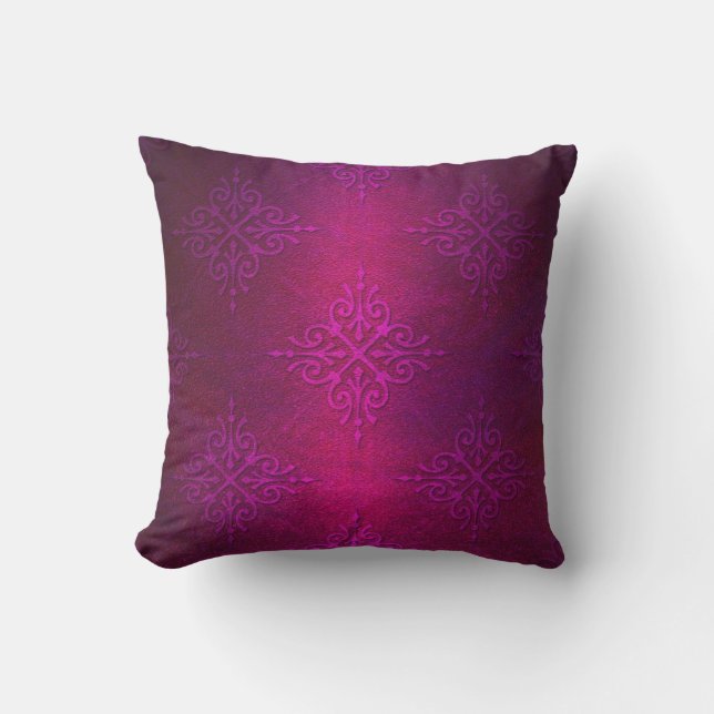 Fancy Deep Pink Purple Damask Pattern Throw Pillow (Front)