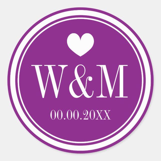 Fancy deep purple monogram wedding stickers (Front)