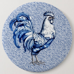 Fancy Delft Blue And White Rooster Chicken 6 Inch Round Button