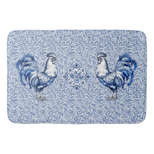 Fancy Delft Blue And White Rooster Chicken Bath Mat