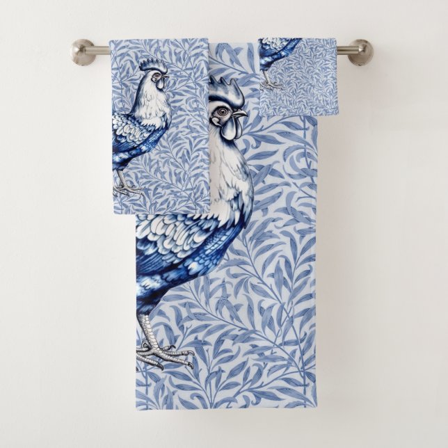 Fancy Delft Blue And White Rooster Chicken Bath Towel Set (Insitu)