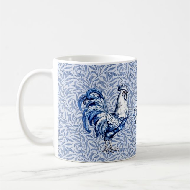 Fancy Delft Blue And White Rooster Chicken Coffee Mug (Left)