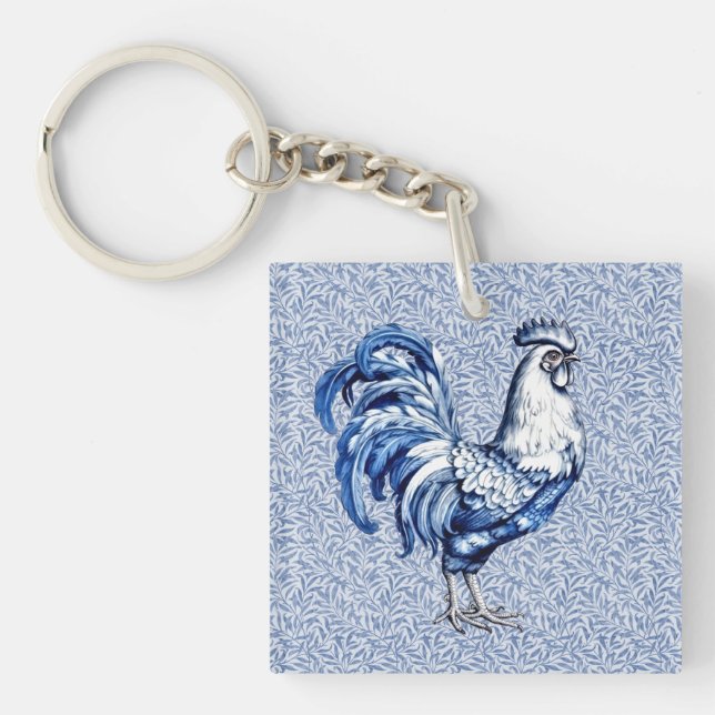 Fancy Delft Blue And White Rooster Chicken Keychain (Front)