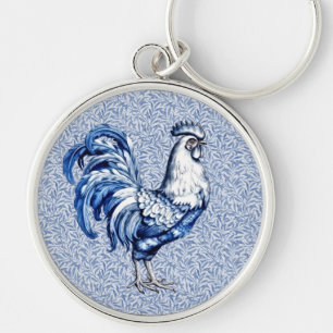 Fancy Delft Blue And White Rooster Chicken Keychain