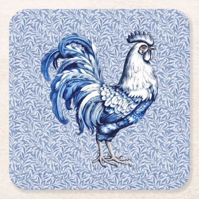 Fancy Delft Blue And White Rooster Chicken Square Paper Coaster (Front)