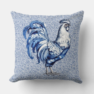 Fancy Delft Blue And White Rooster Chicken Throw Pillow