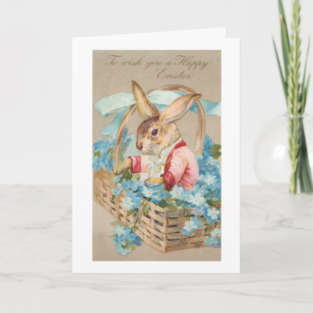 Fancy Easter Bunny in Basket with Forget-Me-Nots Holiday Card (Front)