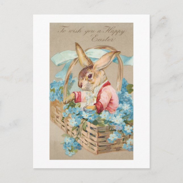 Fancy Easter Bunny in Basket with Forget-Me-Nots Postcard (Front)
