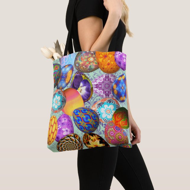 Fancy Easter Eggs on Mint Damask Tote Bag (Close Up)
