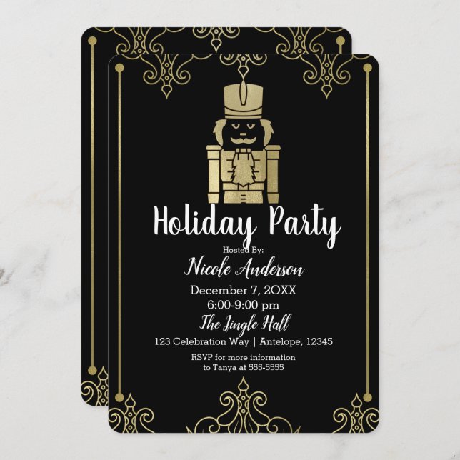 Fancy Elegant Gold Black Nutcracker Holiday Party Invitation (Front/Back)