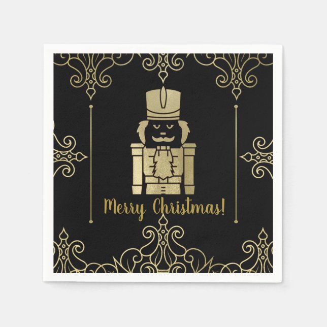 Fancy Elegant Gold Black Nutcracker Holiday Party Napkin (Front)