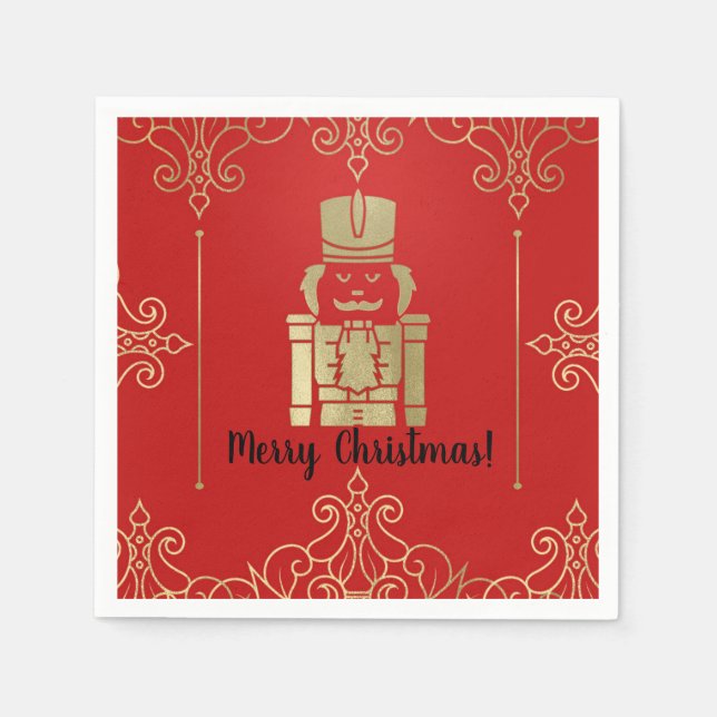 Fancy Elegant Gold & Red Nutcracker Holiday Party Napkin (Front)