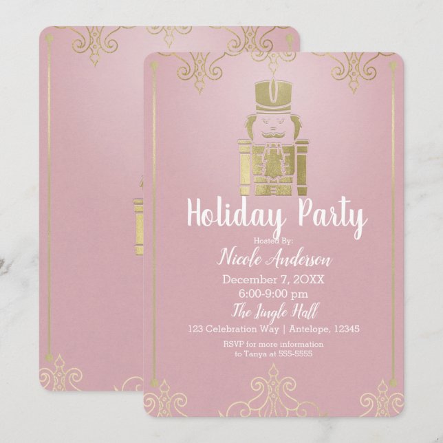 Fancy Elegant Pink & Gold Nutcracker Holiday Party Invitation (Front/Back)