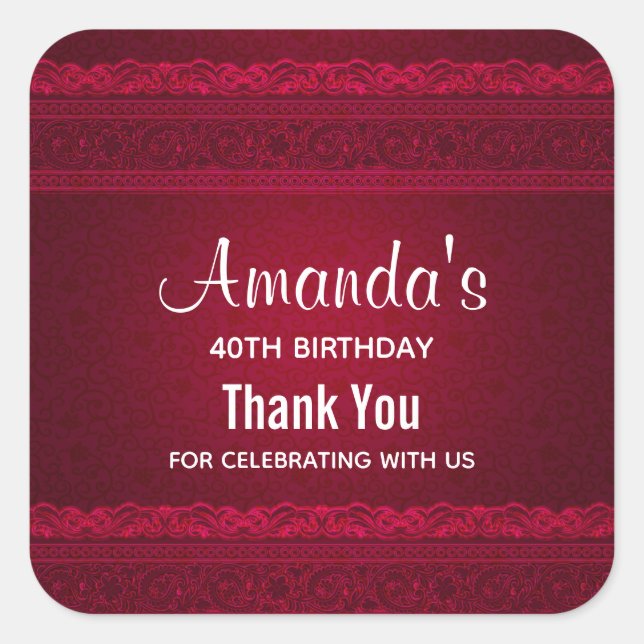 Fancy & Elegant Red Background Stylish Birthday Square Sticker (Front)