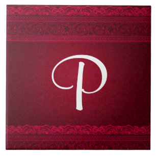 Fancy & Elegant Red Background Stylish Monogram Tile