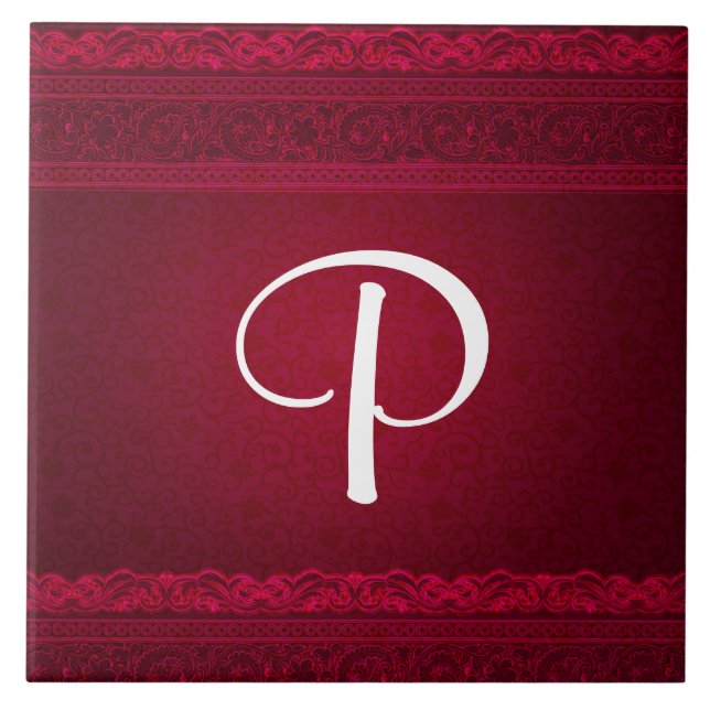 Fancy & Elegant Red Background Stylish Monogram Tile (Front)