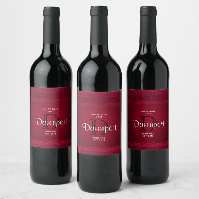 Fancy & Elegant Red Background Stylish Winery Wine Label (Bottles)