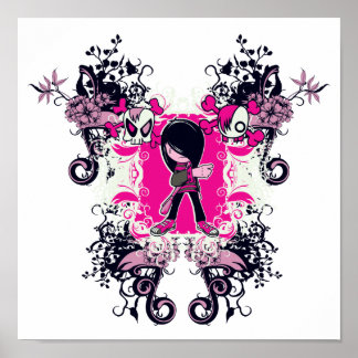 fancy emo girl kid with crossbone skull swirls poster