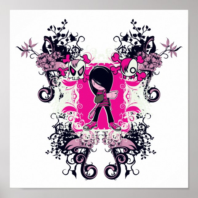 fancy emo girl kid with crossbone skull swirls poster (Front)
