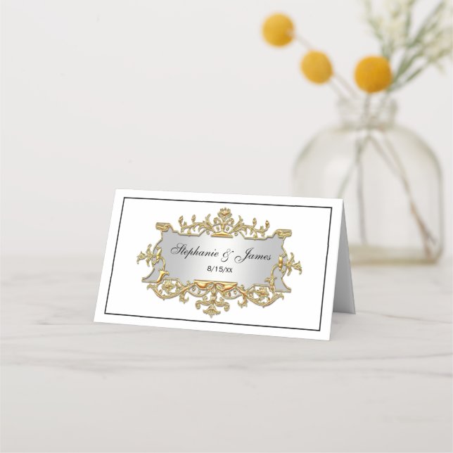 Fancy Faux Gold Filigree Frame Escort Place Card (Front)