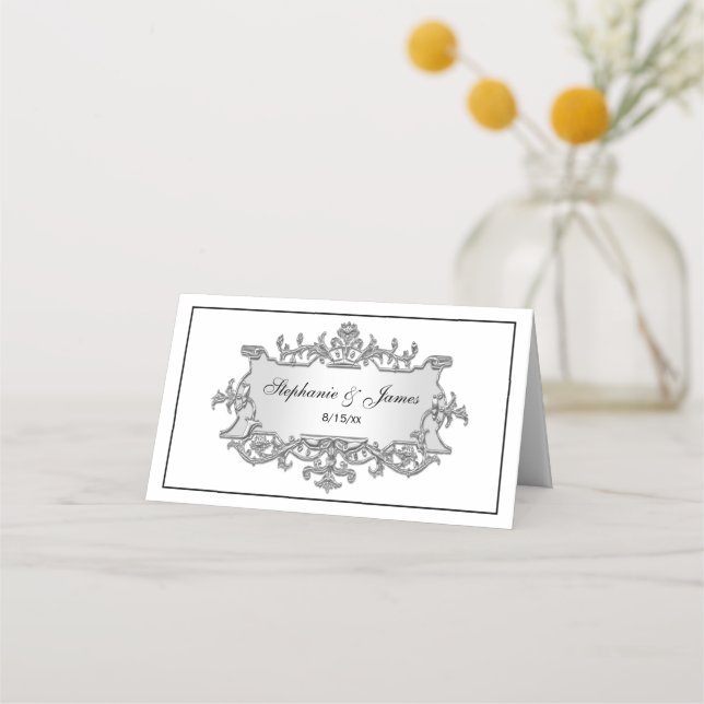 Fancy Faux Silver Filigree Frame Escort Place Card (Front)