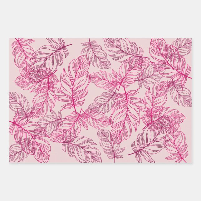 Fancy Feathers Modern Wrapping Paper, Pink Paper Sheet (Front)