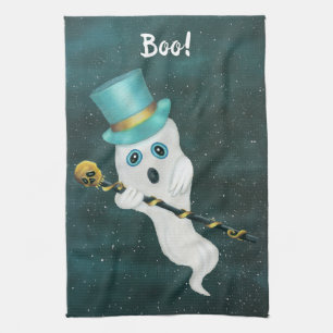 Fancy Floating Ghost Blue Top Hat Ornate Cane Gold Kitchen Towel