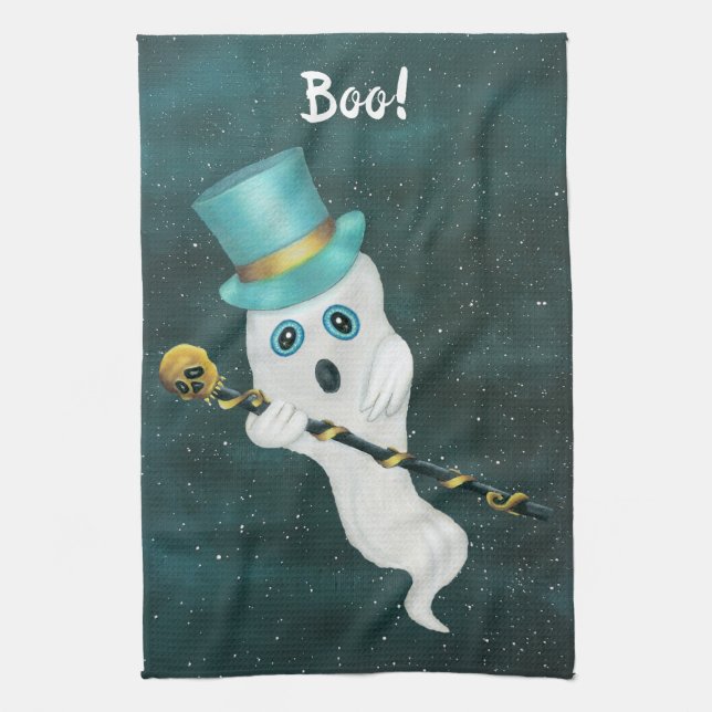 Fancy Floating Ghost Blue Top Hat Ornate Cane Gold Kitchen Towel (Vertical)
