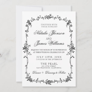 Fancy Floral Black And White Botanical Wedding Invitation