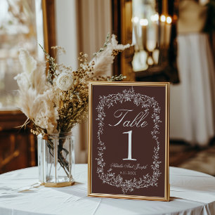 Fancy Floral Chocolate Brown Wedding Table Number