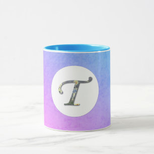 Fancy Floral Letter T Blue and Purple Mug