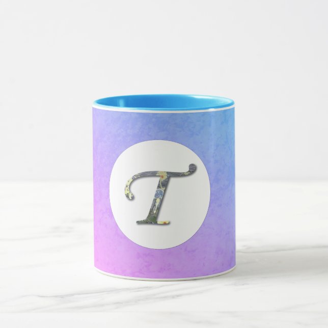 Fancy Floral Letter T Blue and Purple Mug (Center)