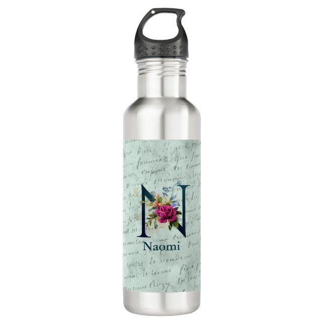 Fancy Floral Monogram Initial N  710 Ml Water Bottle (Front)