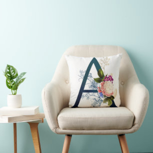 Fancy Floral Monogram Letter A Throw Pillow