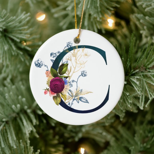 Fancy Floral Monogram Letter C Ceramic Ornament (Tree)