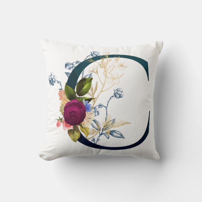 Fancy Floral Monogram Letter C Throw Pillow (Front)